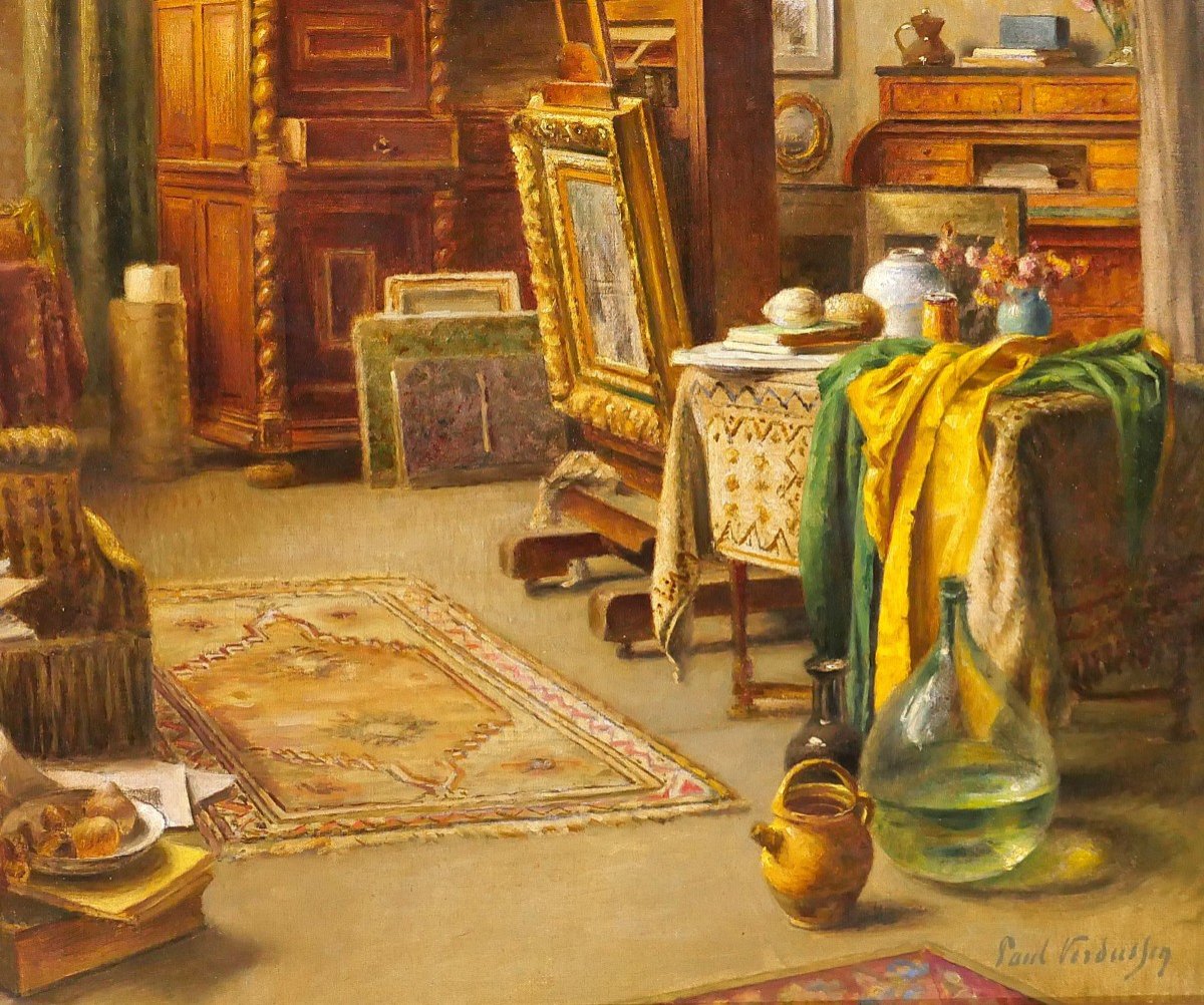 Paul Verdussen 1868-1944 L'atelier du peintre, intérieur, tableau, vers 1900, Belgique-photo-3