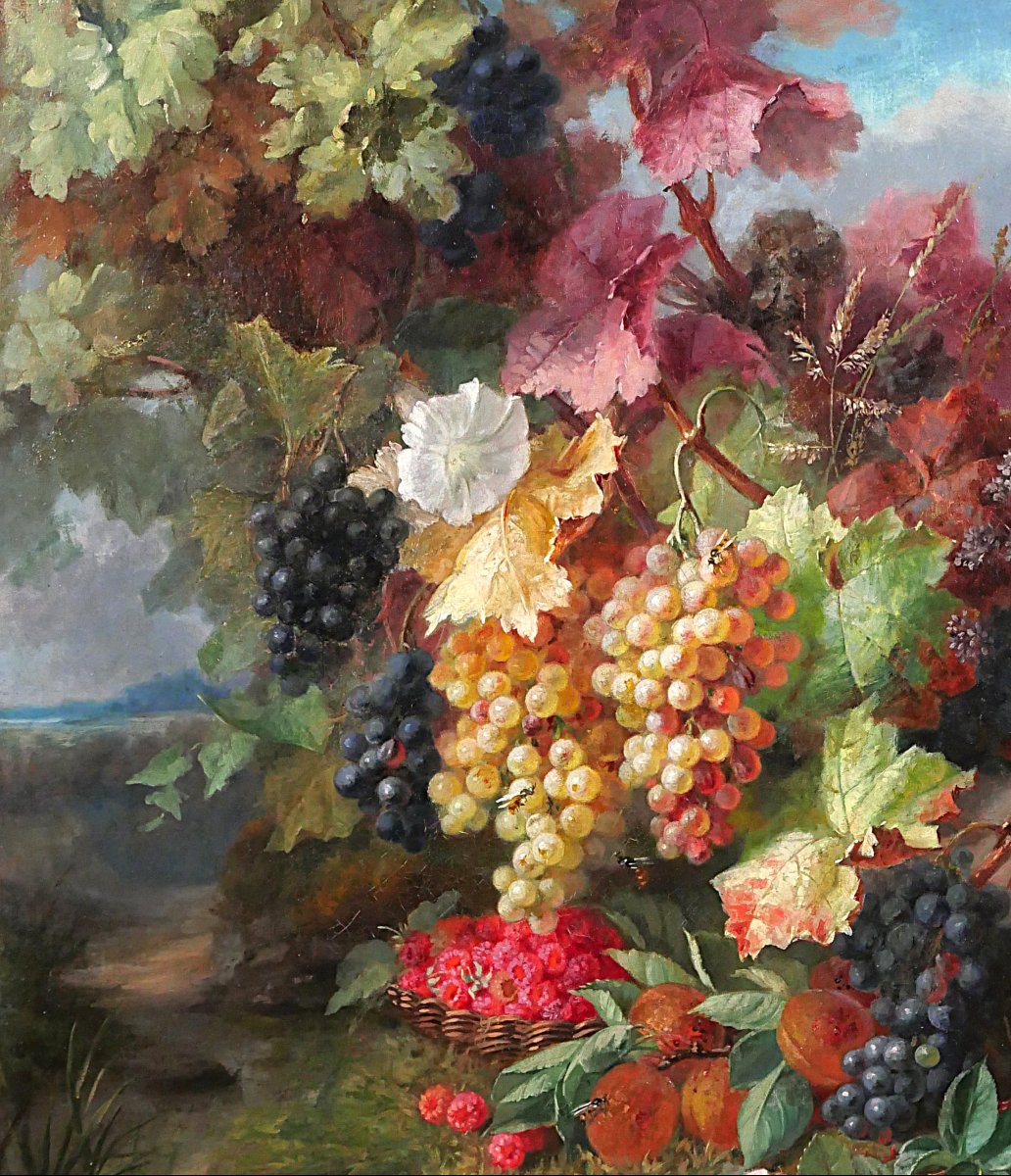 Augustin Maniquet Barjon 1812-1879 Flowers, Grapes And Raspberries, Still Life, Painting, Lyon-photo-1