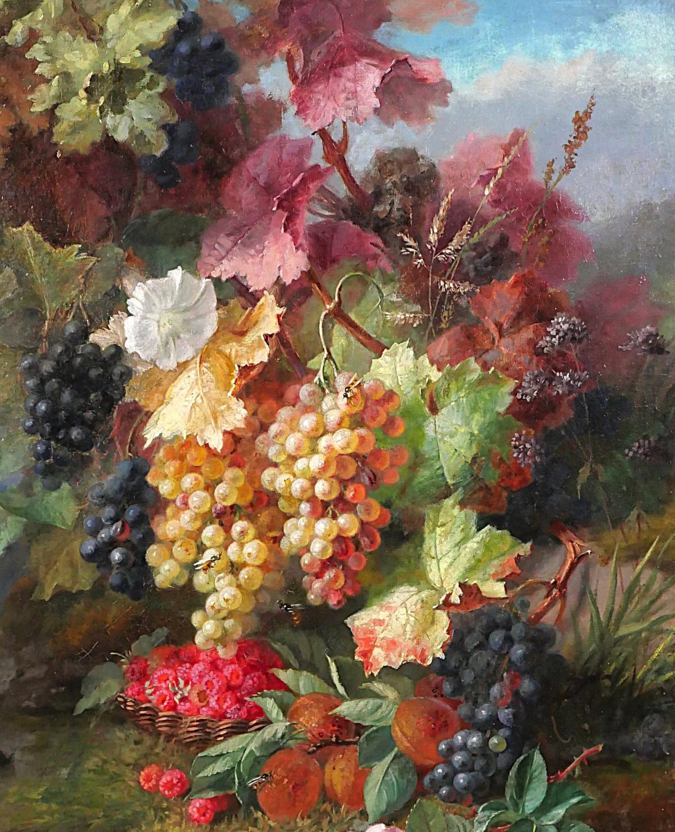 Augustin Maniquet Barjon 1812-1879 Flowers, Grapes And Raspberries, Still Life, Painting, Lyon-photo-2
