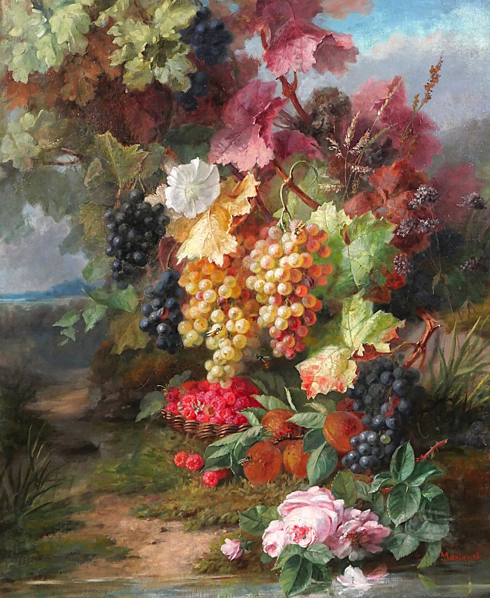 Augustin Maniquet Barjon 1812-1879 Flowers, Grapes And Raspberries, Still Life, Painting, Lyon
