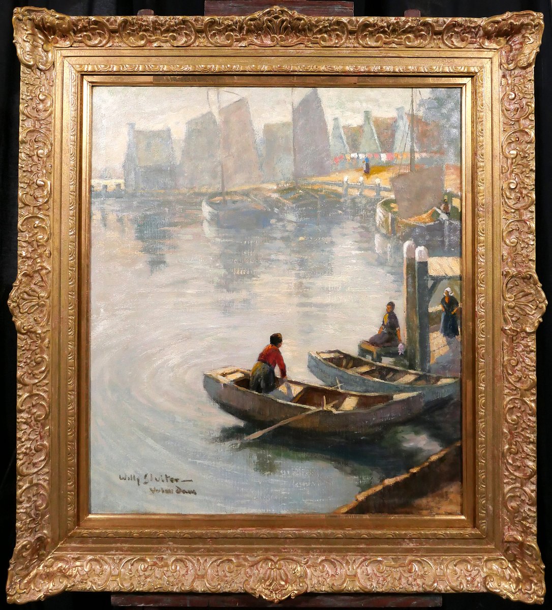 Willy Sluiter 1873-1949 Volendam, Landscape With Boats, Large Painting, Netherlands, Circa 1920-photo-2