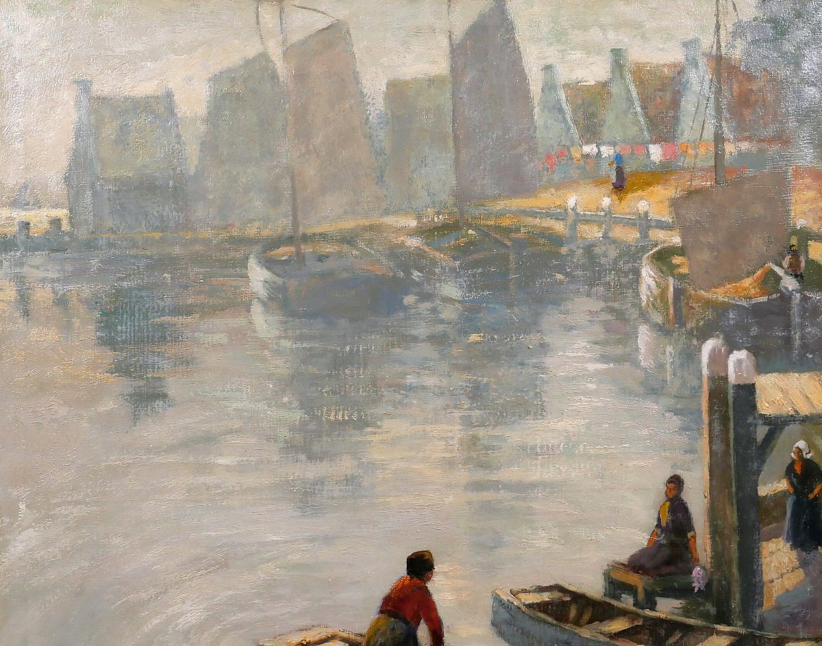 Willy Sluiter 1873-1949 Volendam, Landscape With Boats, Large Painting, Netherlands, Circa 1920-photo-3