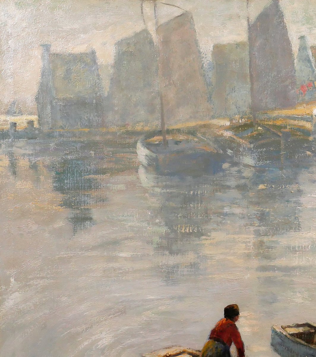 Willy Sluiter 1873-1949 Volendam, Landscape With Boats, Large Painting, Netherlands, Circa 1920-photo-1