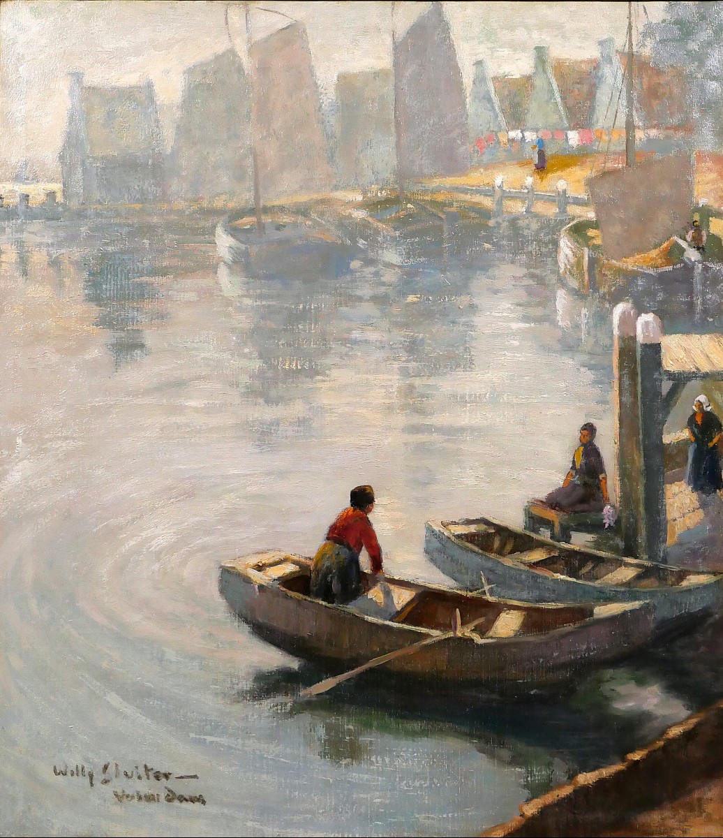 Willy Sluiter 1873-1949 Volendam, Landscape With Boats, Large Painting, Netherlands, Circa 1920