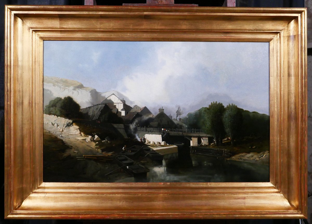 J. J. BAHANS 1834-1856 Normandie, village de tailleurs de pierres, paysage, tableau, 1855-photo-2