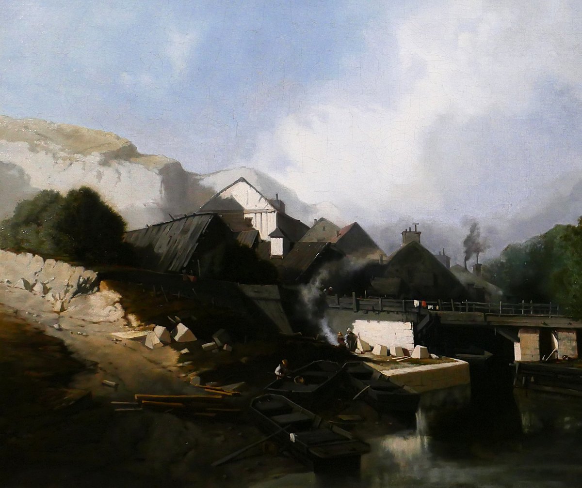 J. J. BAHANS 1834-1856 Normandie, village de tailleurs de pierres, paysage, tableau, 1855-photo-3