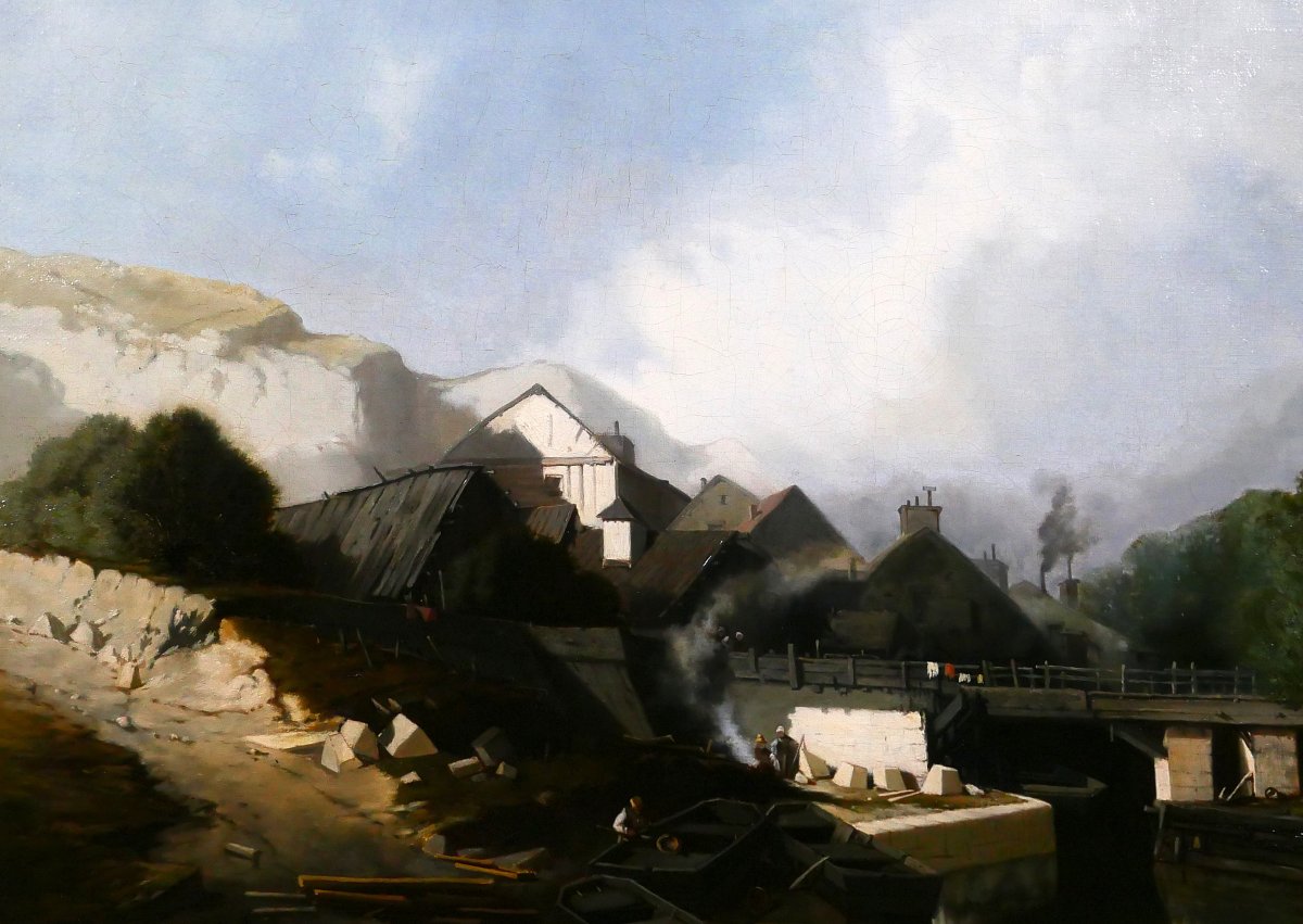 J. J. BAHANS 1834-1856 Normandie, village de tailleurs de pierres, paysage, tableau, 1855-photo-1