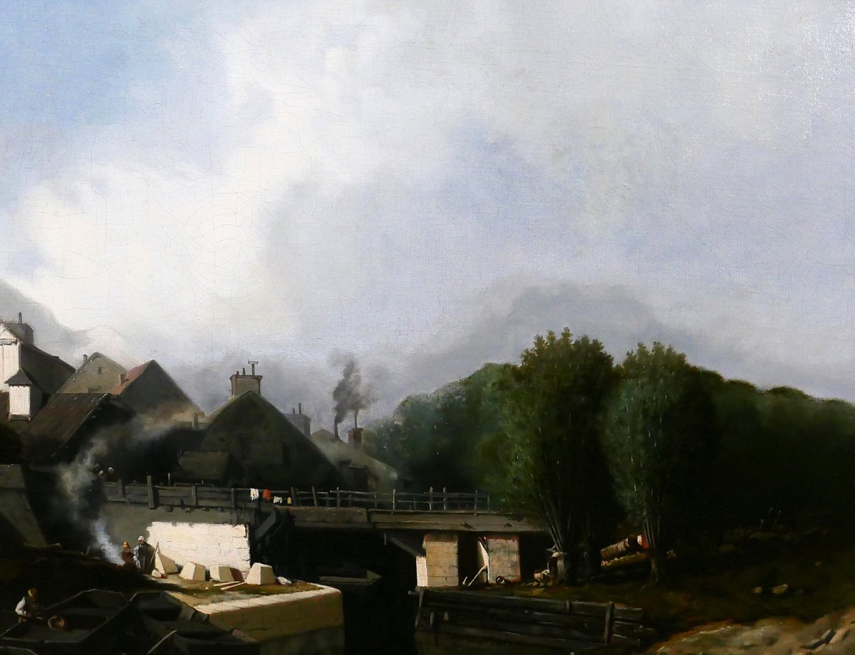 J. J. BAHANS 1834-1856 Normandie, village de tailleurs de pierres, paysage, tableau, 1855-photo-2