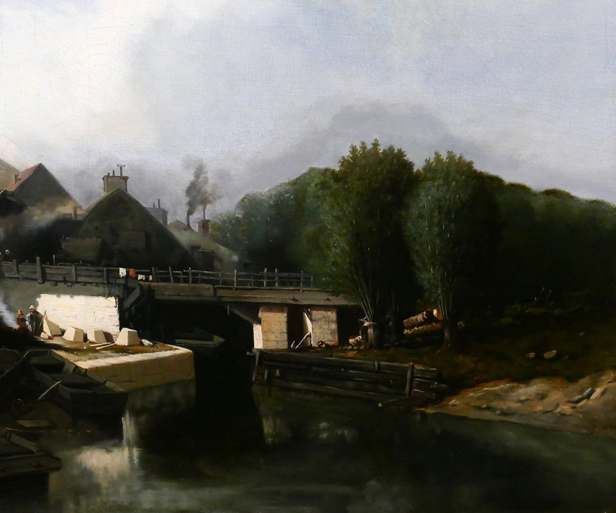 J. J. BAHANS 1834-1856 Normandie, village de tailleurs de pierres, paysage, tableau, 1855-photo-3