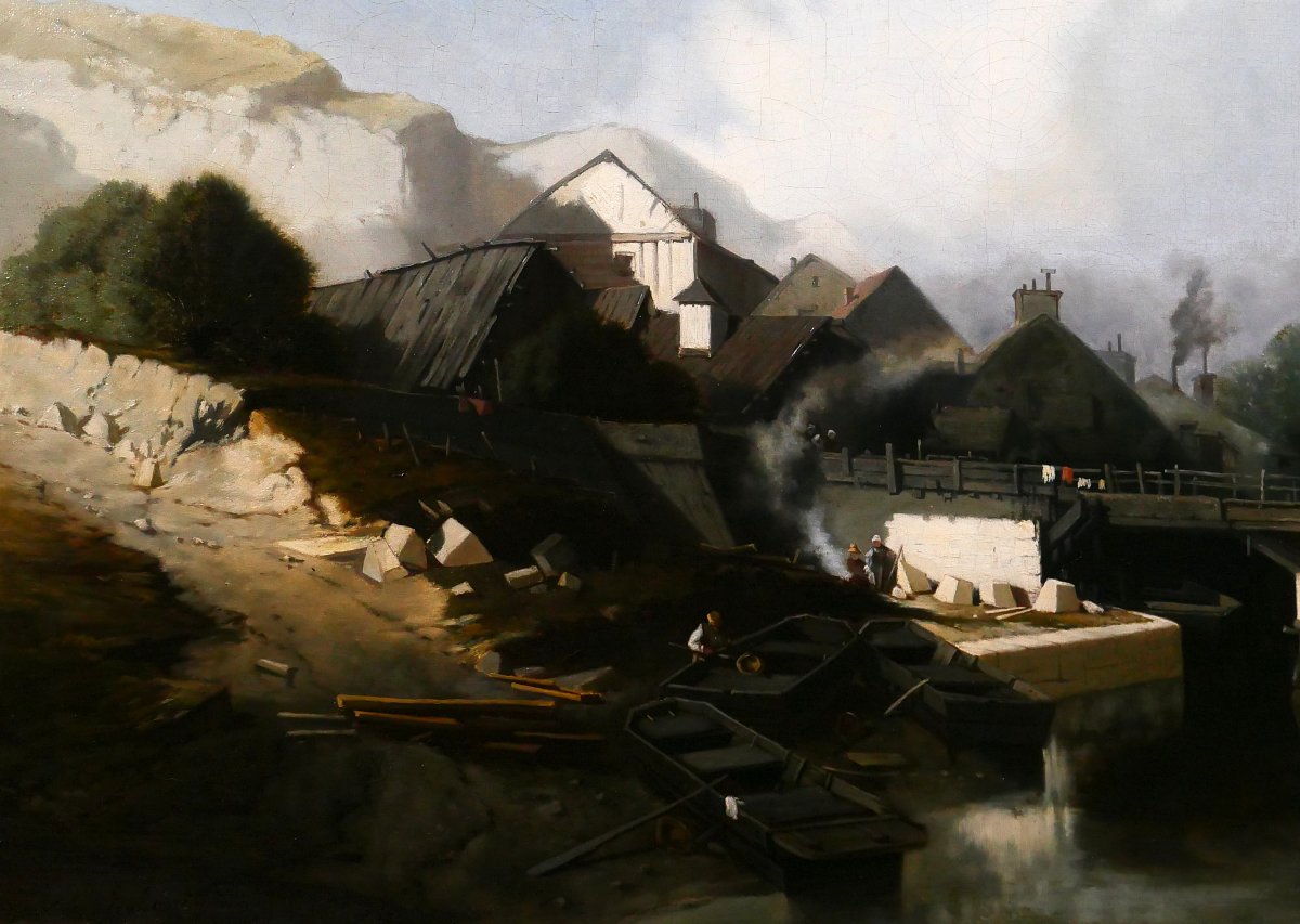 J. J. BAHANS 1834-1856 Normandie, village de tailleurs de pierres, paysage, tableau, 1855-photo-4