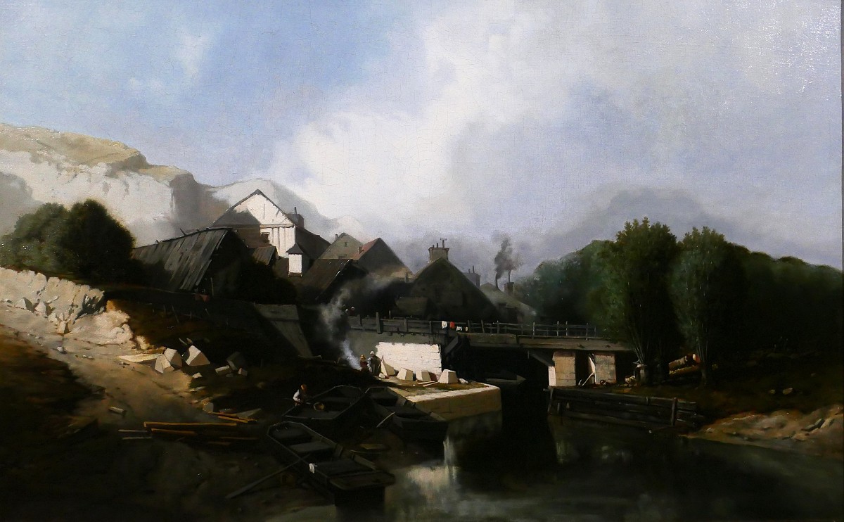 J. J. BAHANS 1834-1856 Normandie, village de tailleurs de pierres, paysage, tableau, 1855