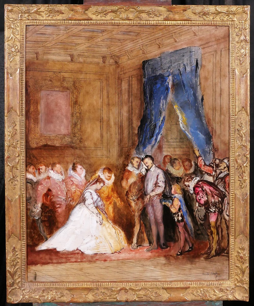Arnold SCHEFFER 1839-1873 Henri III, son mignon et sa cour, tableau, esquisse, vers 1865-photo-2