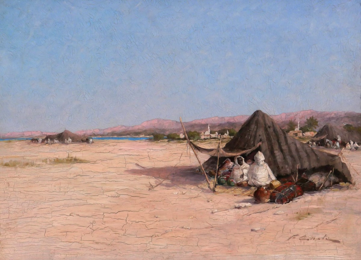 Victor Coste 1844-1923 Orientalist Landscape With Camp, Painting, Circa 1880-90