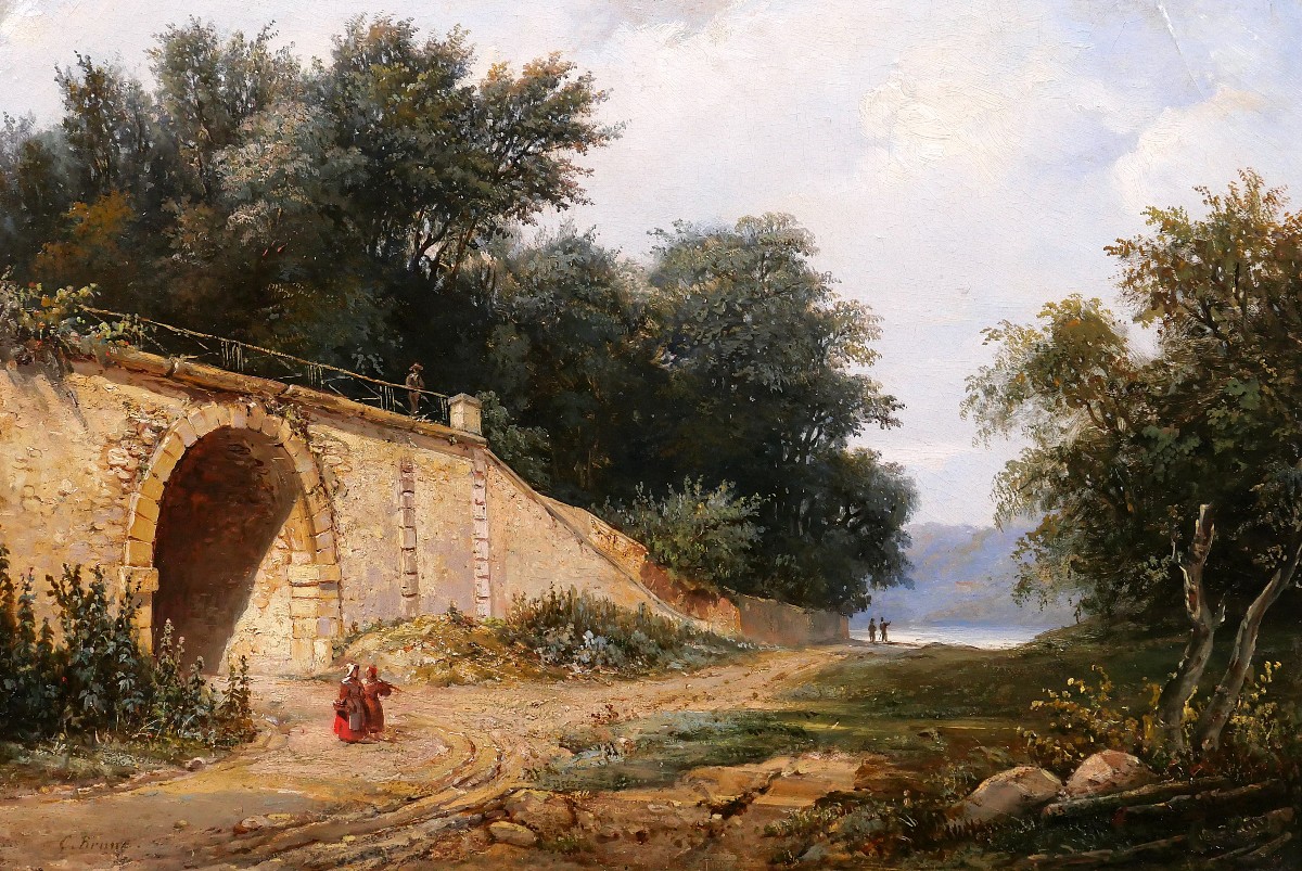Christian BRUNE 1793-1849 Paysage au pont, tableau vers 1820-30 romantisme Bertin