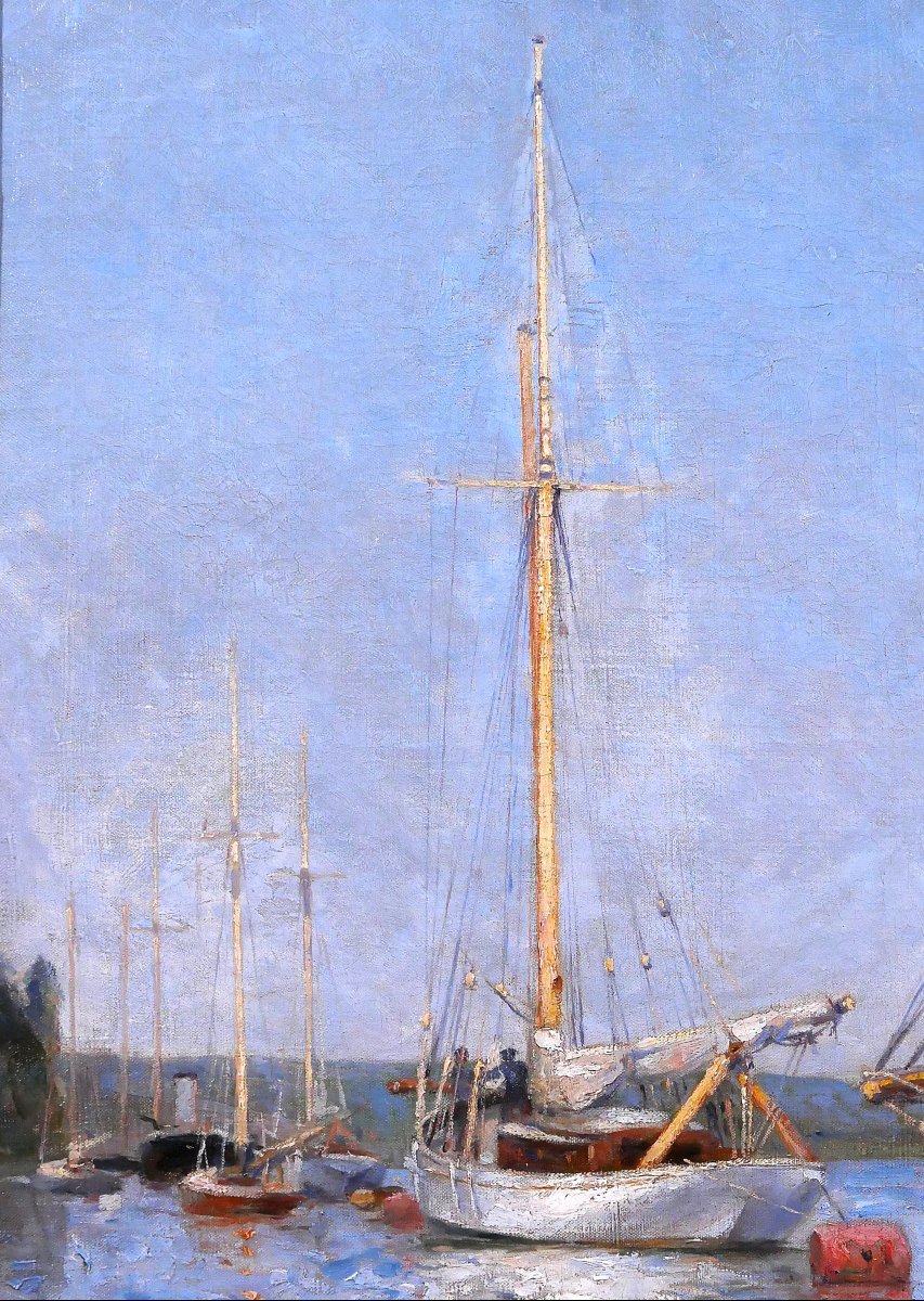 Gustave RAVANNE 1854-1904 Bateaux au port de Meulan, tableau, impressionnisme, vers 1880-90-photo-1