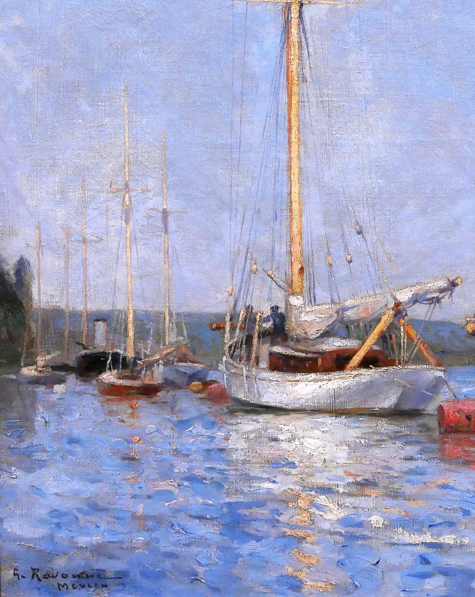 Gustave RAVANNE 1854-1904 Bateaux au port de Meulan, tableau, impressionnisme, vers 1880-90-photo-4