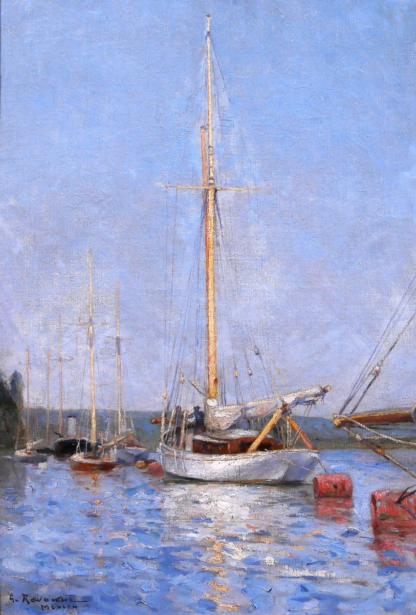 Gustave RAVANNE 1854-1904 Bateaux au port de Meulan, tableau, impressionnisme, vers 1880-90