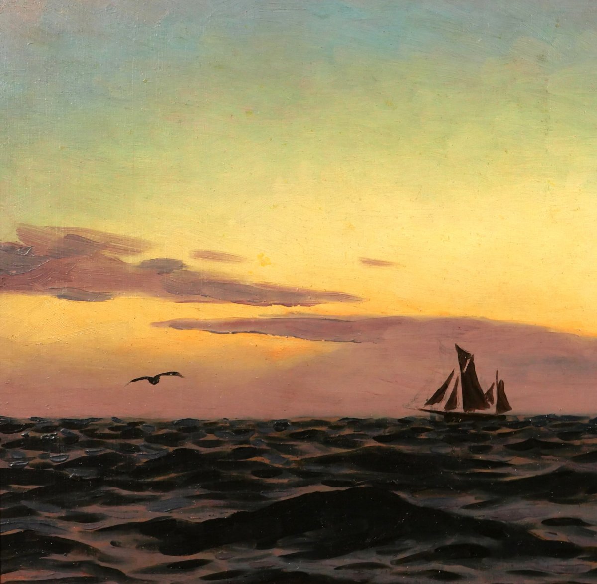 Alexandre BRUN 1853-1941 Paysage de mer, soleil couchant, tableau, vers 1900, bateau-photo-3