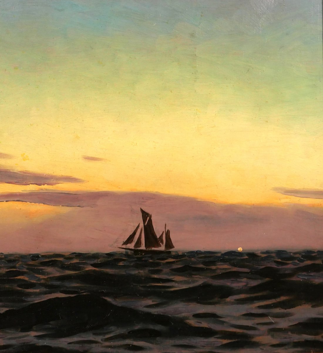 Alexandre BRUN 1853-1941 Paysage de mer, soleil couchant, tableau, vers 1900, bateau-photo-4