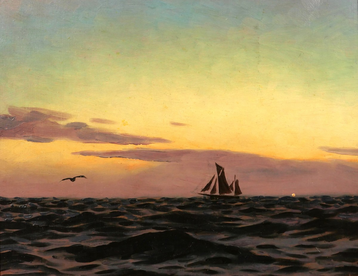 Alexandre BRUN 1853-1941 Paysage de mer, soleil couchant, tableau, vers 1900, bateau