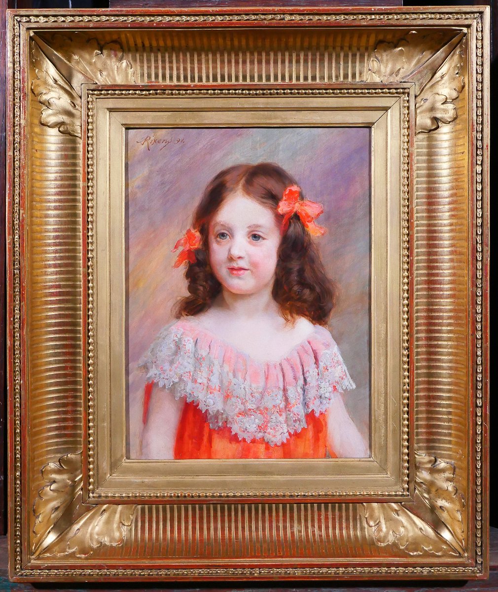 Jean-André RIXENS 1846-1925 Portrait de jeune fille à la robe rouge et dentelle, tableau, 1894-photo-2
