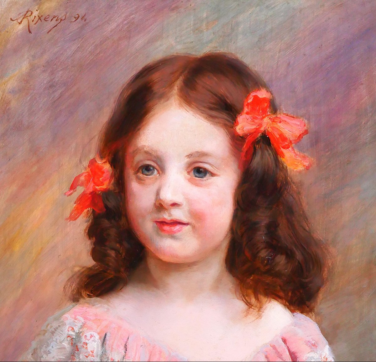 Jean-André RIXENS 1846-1925 Portrait de jeune fille à la robe rouge et dentelle, tableau, 1894-photo-3