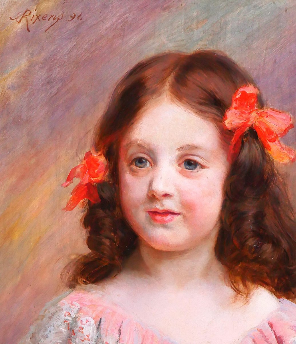 Jean-André RIXENS 1846-1925 Portrait de jeune fille à la robe rouge et dentelle, tableau, 1894-photo-1