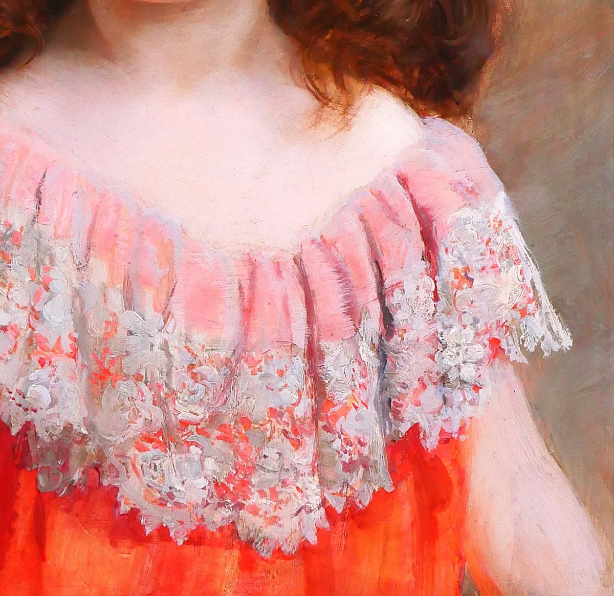 Jean-André RIXENS 1846-1925 Portrait de jeune fille à la robe rouge et dentelle, tableau, 1894-photo-3