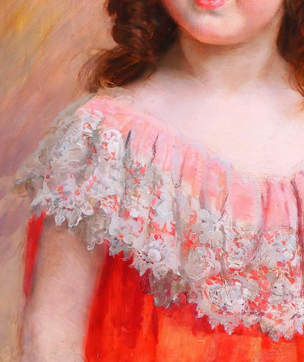 Jean-André RIXENS 1846-1925 Portrait de jeune fille à la robe rouge et dentelle, tableau, 1894-photo-4