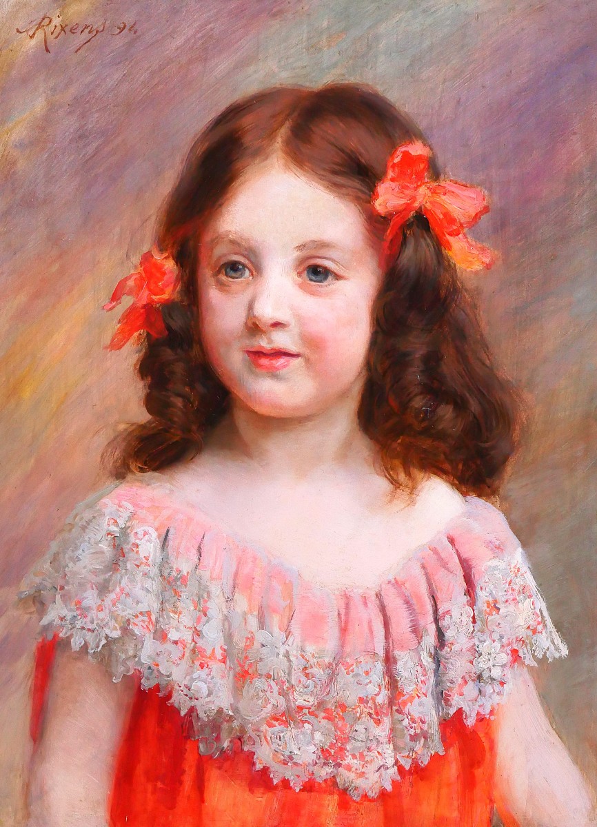Jean-André RIXENS 1846-1925 Portrait de jeune fille à la robe rouge et dentelle, tableau, 1894
