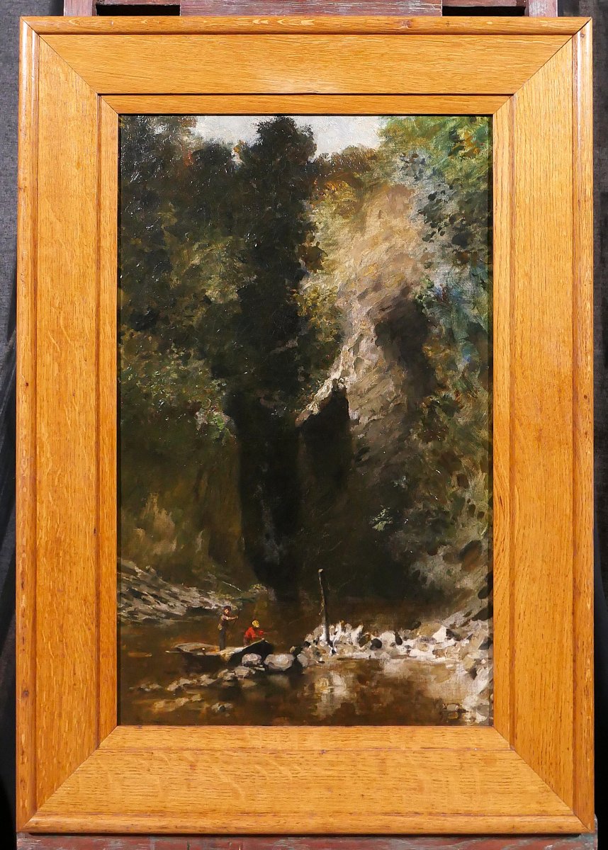 François Schommer 1850-1935 River Landscape With Fishermen, Painting, Barbizon, Circa 1900-10-photo-2