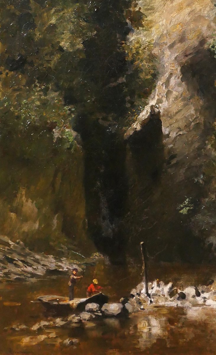 François Schommer 1850-1935 River Landscape With Fishermen, Painting, Barbizon, Circa 1900-10-photo-4