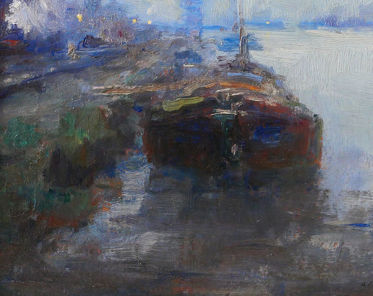 Oswald PORREAU 1877-1955 Belgique, paysage industriel de la Meuse, tableau, 1918-photo-4