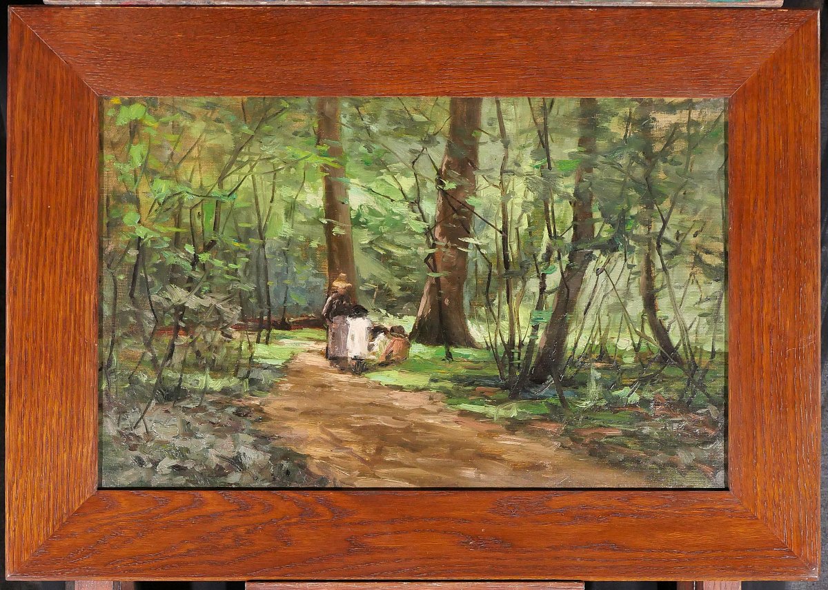 Joseph-charles François 1851-1940 Forest Landscape, Woman And Children, Impressionism Belgium-photo-2