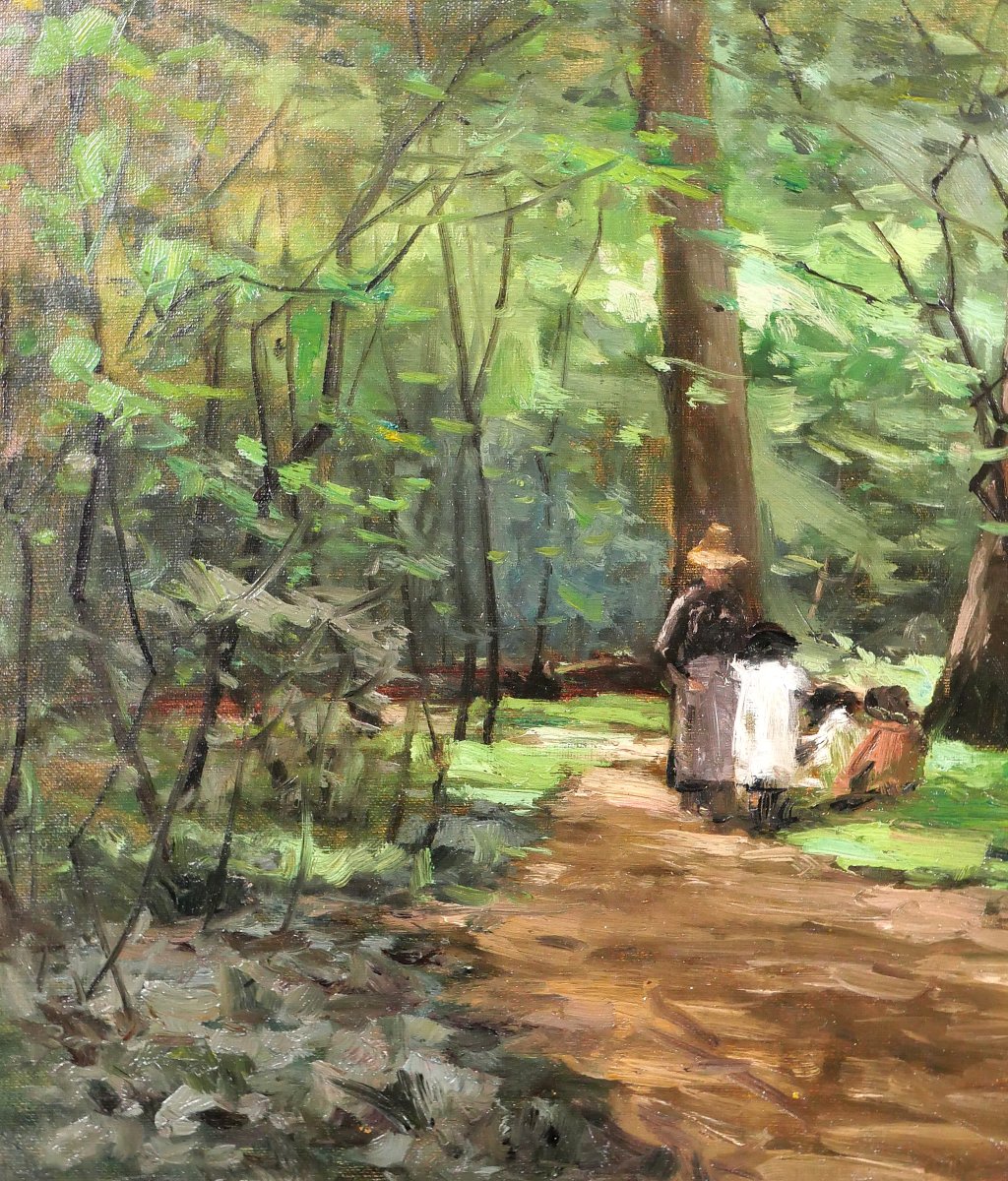 Joseph-charles François 1851-1940 Forest Landscape, Woman And Children, Impressionism Belgium-photo-3