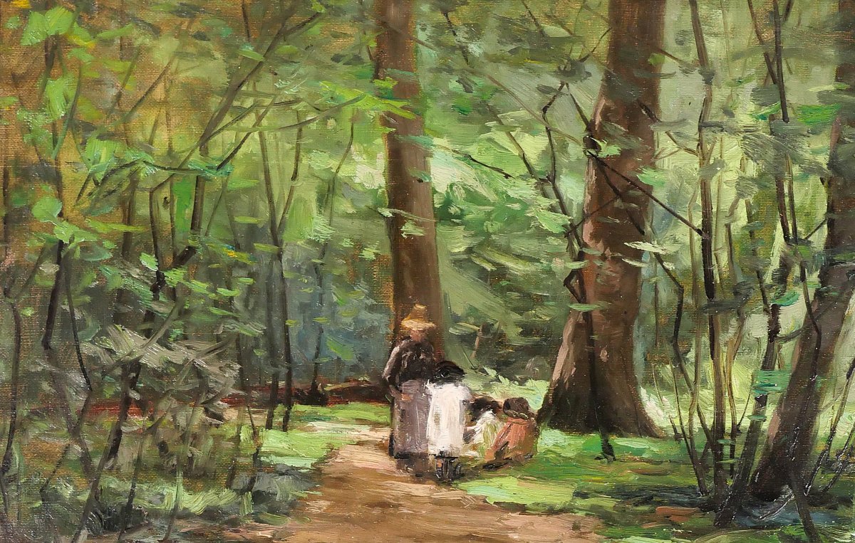 Joseph-charles François 1851-1940 Forest Landscape, Woman And Children, Impressionism Belgium-photo-1