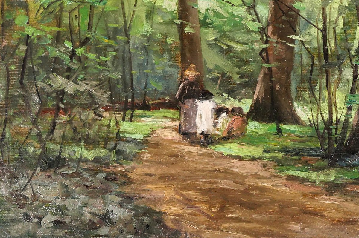 Joseph-charles François 1851-1940 Forest Landscape, Woman And Children, Impressionism Belgium-photo-4