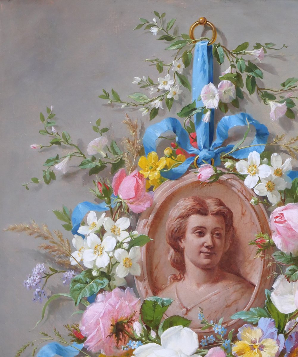 Marius Vasselon 1841-1924 Still Life Of Summer Flowers With A Portrait Of A Woman, Painting, 1864-photo-1