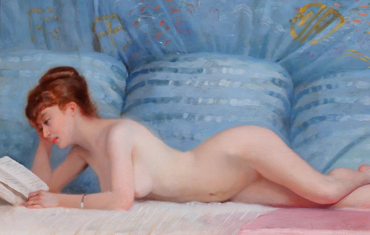 Louis GALLIAC 1849-1930 Femme nue au divan japonisant bleu, tableau, vers 1890, impressionnisme-photo-1