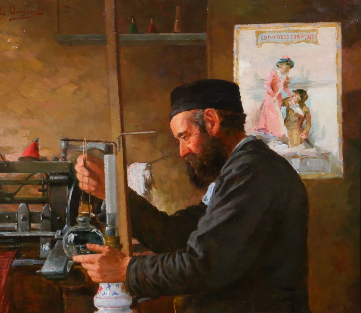 Edmond QUIGNARD, XIX-XXe, Tisserand dans son atelier, grand tableau, vers 1900 portrait homme-photo-3