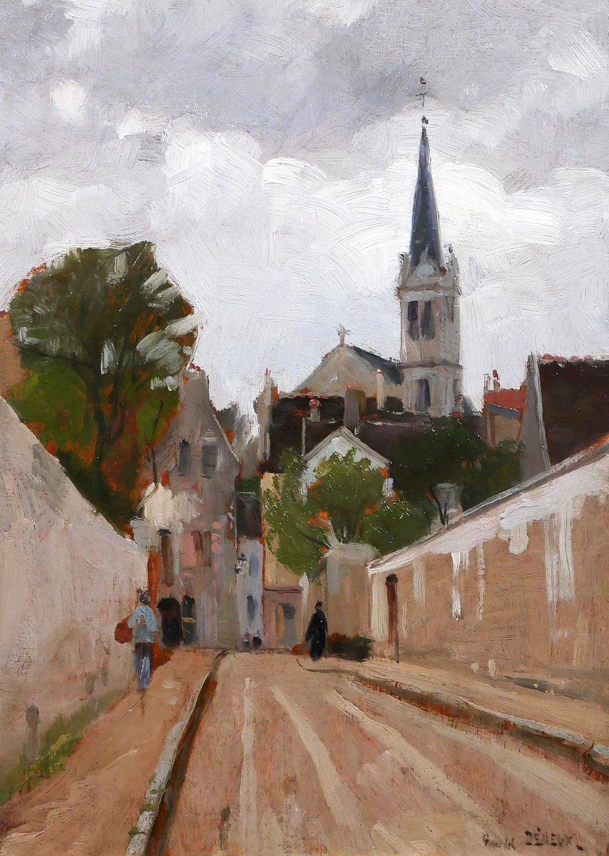 Gabriel Deneux 1856-1943 Paysage d'une rue et d'une église, tableau vers 1900 impressionnisme