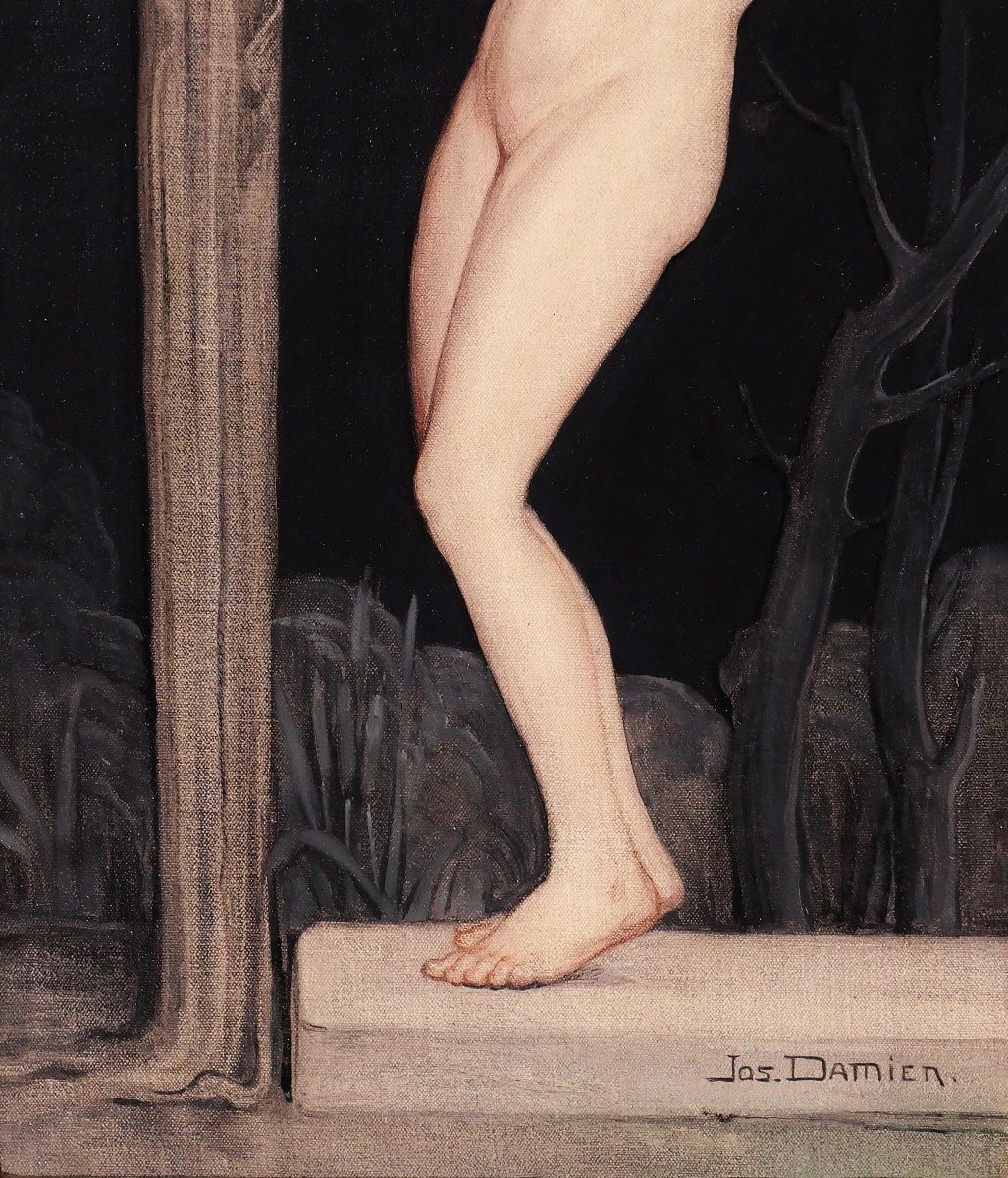 Jos Damien 1879-1973 Femme nue au drap, tableau, 1915, Art Nouveau, symbolisme Belgique-photo-4