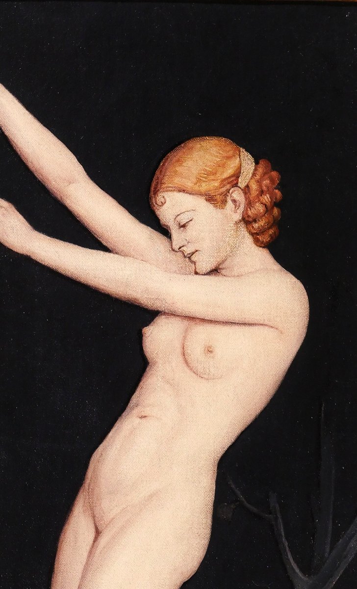 Jos Damien 1879-1973 Femme nue au drap, tableau, 1915, Art Nouveau, symbolisme Belgique-photo-2
