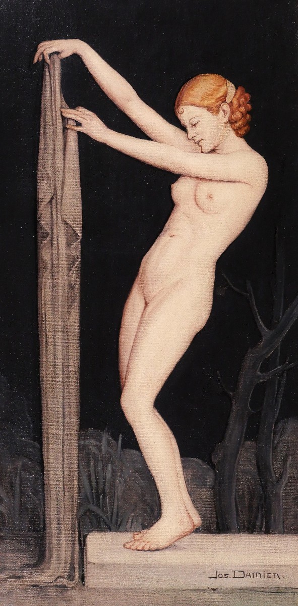 Jos Damien 1879-1973 Femme nue au drap, tableau, 1915, Art Nouveau, symbolisme Belgique