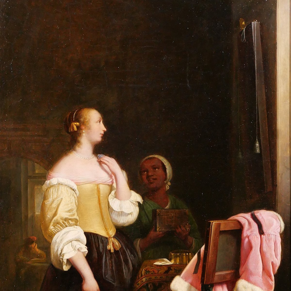 Ecole hollandaise du 19e d'après Frans van Mieris, Femme devant son miroir, tableau Pays-Bas-photo-3