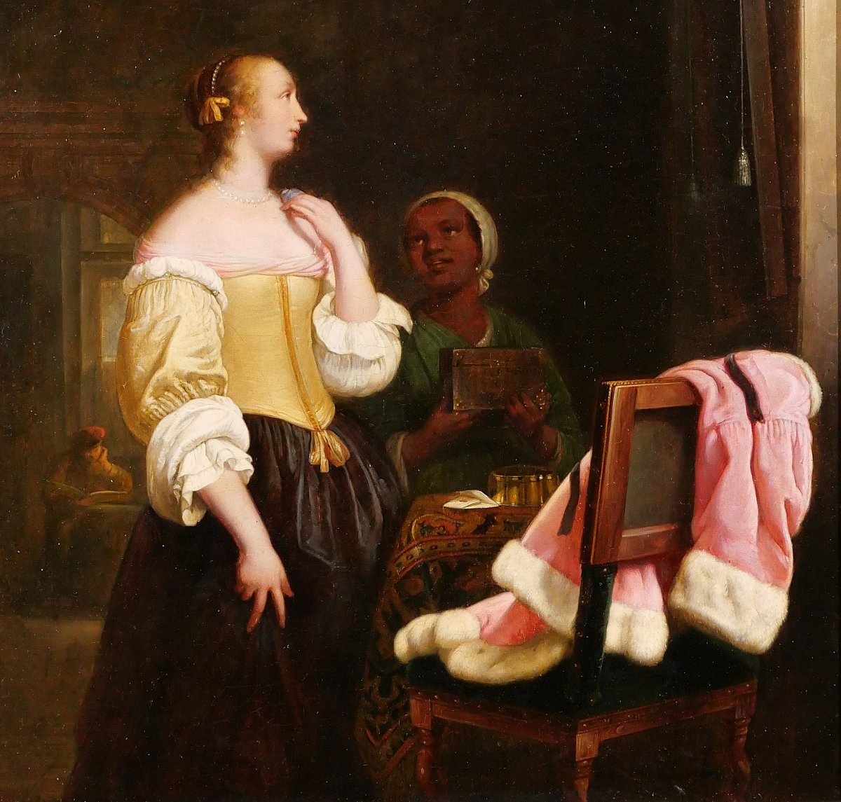 Ecole hollandaise du 19e d'après Frans van Mieris, Femme devant son miroir, tableau Pays-Bas-photo-4