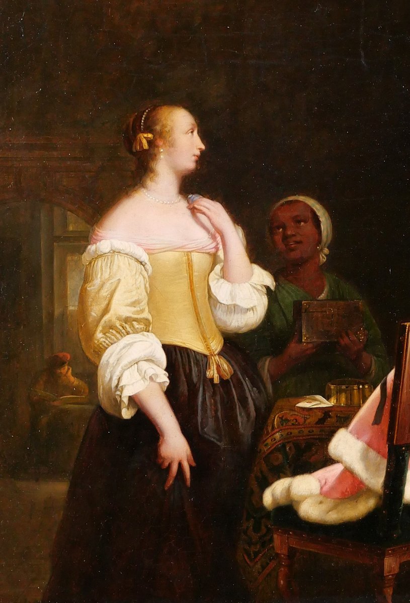 Ecole hollandaise du 19e d'après Frans van Mieris, Femme devant son miroir, tableau Pays-Bas-photo-1
