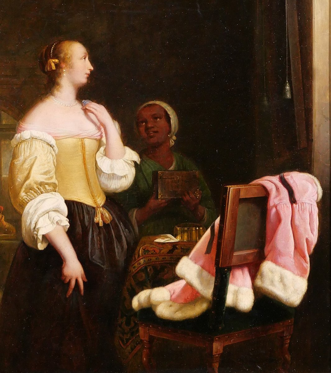 Ecole hollandaise du 19e d'après Frans van Mieris, Femme devant son miroir, tableau Pays-Bas-photo-3