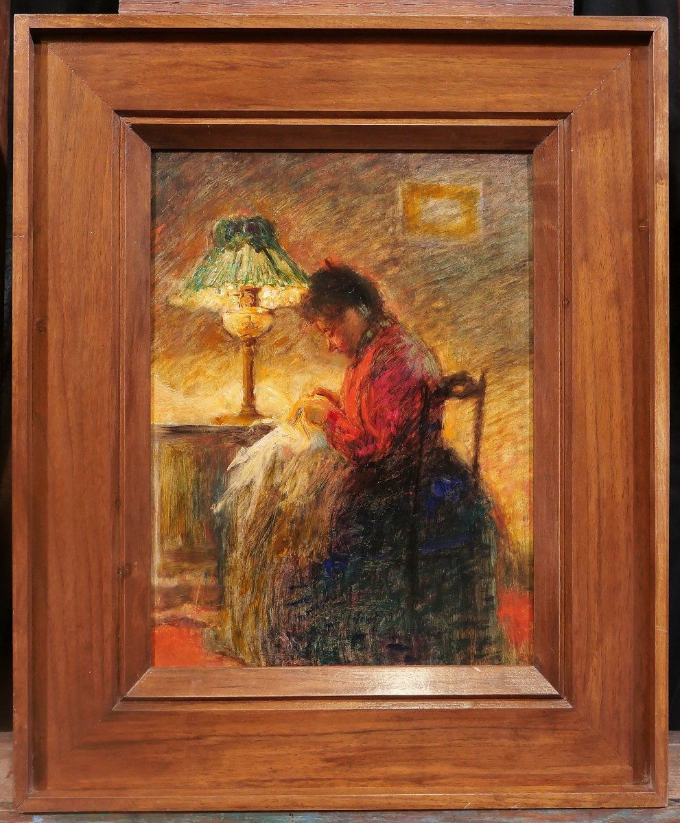 Ecole Française vers 1900, Femme à la couture, tableau, impressionnisme intérieur Art Nouveau-photo-2