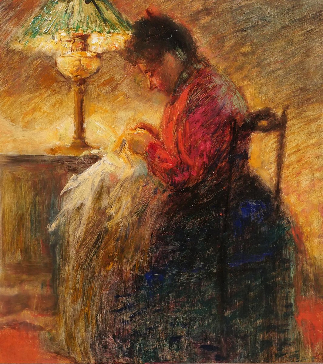 Ecole Française vers 1900, Femme à la couture, tableau, impressionnisme intérieur Art Nouveau-photo-4